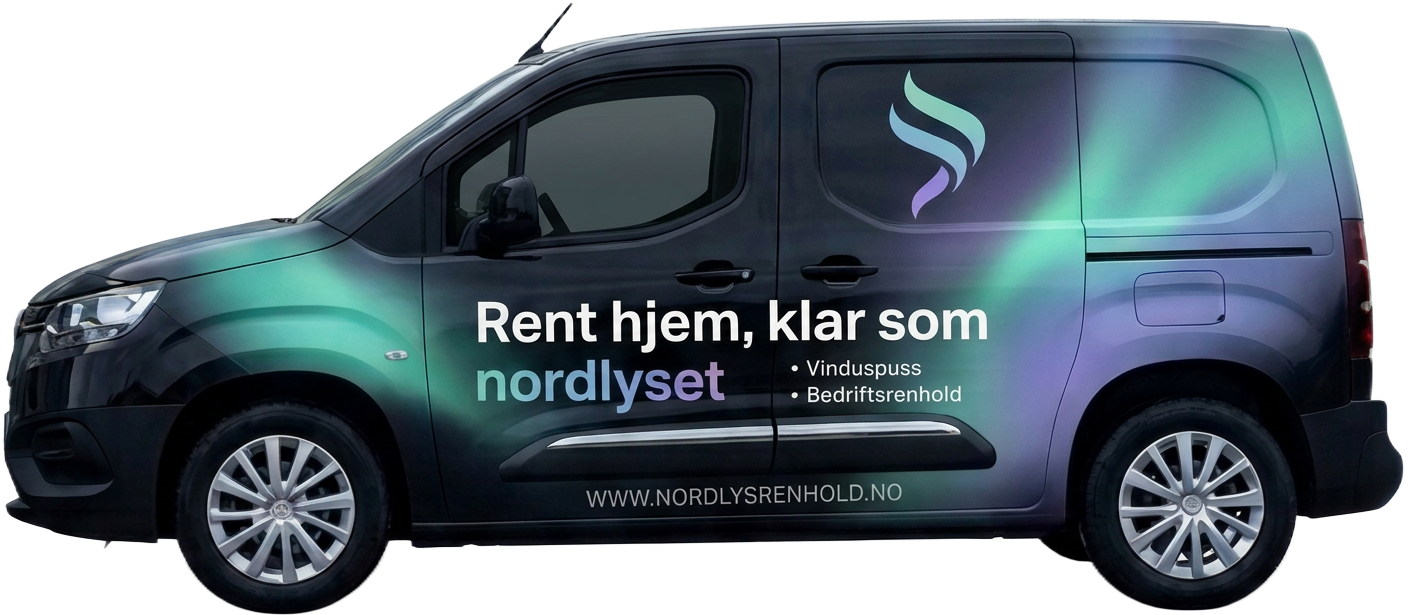 Northbound Renhold servicebil med aurora-dekor og teksten Rent hjem, klar som nordlyset